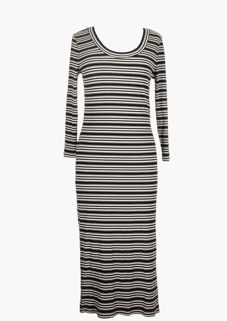 Banana Republic Striped Midi Dress Size L Black White Ribbed Long Sleeve